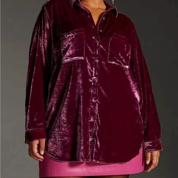 Anthropologie Pilcro Crushed Raspberry Velvet Button Classic Shirt XXS OVERSIZED - Picture 1 of 7
